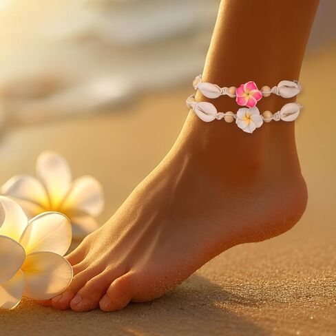2pcs Hawaiian Plumeria Rubra Anklets, Adjustable Tropical Flower Friendship Bracelets Shell Bohemian Luau Foot Jewelry Gifts & Women Summer Beach Party Decoration Accessories in Saudi Arabia