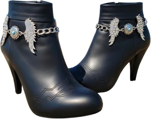 Women’s Boot Chain Bracelets (Pair) – Silver Angel Wings With Turquoise Flower Charm, Adjustable 11–15 in, Western Biker Boho Shoe Anklet Jewelry Set BC27 in Saudi Arabia