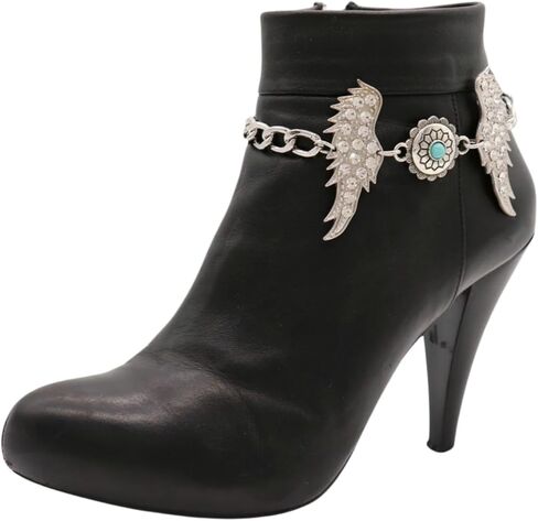 Women’s Boot Chain Bracelets (Pair) – Silver Angel Wings With Turquoise Flower Charm, Adjustable 11–15 in, Western Biker Boho Shoe Anklet Jewelry Set BC27 in Saudi Arabia