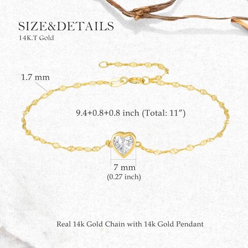 SISGEM 14k Gold Heart Created Moissanite Ankle Bracelet for Women, 14kt Anklet Gifts for Her, 9.4"-11.0" in Saudi Arabia