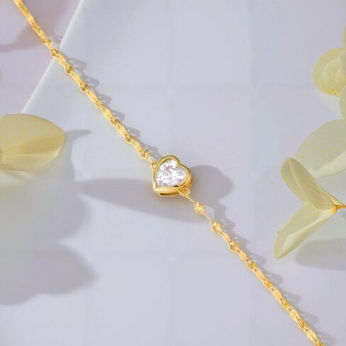 SISGEM 14k Gold Heart Created Moissanite Ankle Bracelet for Women, 14kt Anklet Gifts for Her, 9.4"-11.0" in Saudi Arabia