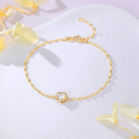 SISGEM 14k Gold Heart Created Moissanite Ankle Bracelet for Women, 14kt Anklet Gifts for Her, 9.4"-11.0" in Saudi Arabia