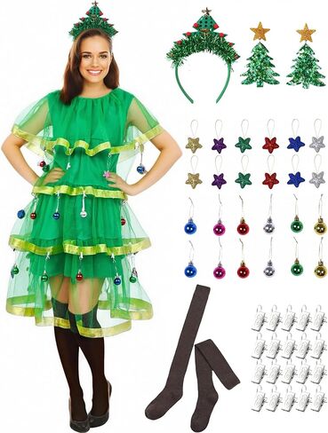 Christmas Tree Costume Outfits Christmas Dresses for Women Adult Colored Balls Stars and Clips Xmas Party Set in Kuwait