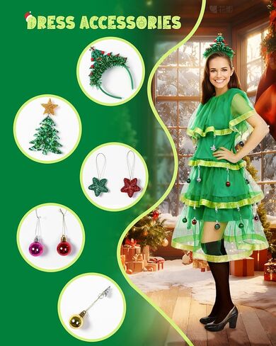 Christmas Tree Costume Outfits Christmas Dresses for Women Adult Colored Balls Stars and Clips Xmas Party Set in Kuwait