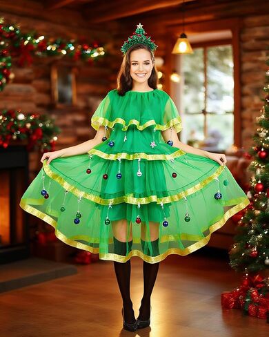 Christmas Tree Costume Outfits Christmas Dresses for Women Adult Colored Balls Stars and Clips Xmas Party Set in Kuwait