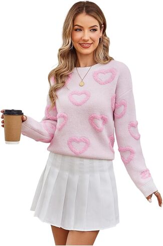 Women's 3D Floral Appliques Crewneck Sweaters Long Sleeve Drop Shoulder Pullovers Elegant Knit Tops in Kuwait