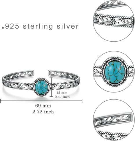 Genuine Turquoise Bracelets for Women 925 Sterling Silver Boho Style Adjustable Bangle Cuff Bracelet Western Nature Gemstone Turquoise Bracelets Jewelry for Women in Kuwait