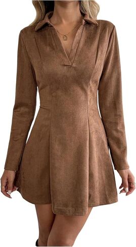 Women's Long Sleeve Mini Faux Suede Dress Fall Elegant Casual Collared V Neck A Line Office Dresses in Saudi Arabia