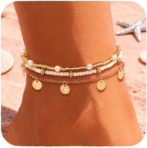 Nanafast Beaded Boho Anklets for Women, Beachy Shell Anklets for Women, Puka Shell & Starfish Charms Beach Jewelry Adjustable in Saudi Arabia