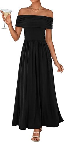 KIRUNDO Cocktail Dresses for Women 2026 Summer Off The Shoulder Ruched Pleated Long Flowy Formal Party Maxi Dresses Pockets in Saudi Arabia
