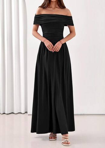 KIRUNDO Cocktail Dresses for Women 2026 Summer Off The Shoulder Ruched Pleated Long Flowy Formal Party Maxi Dresses Pockets in Saudi Arabia
