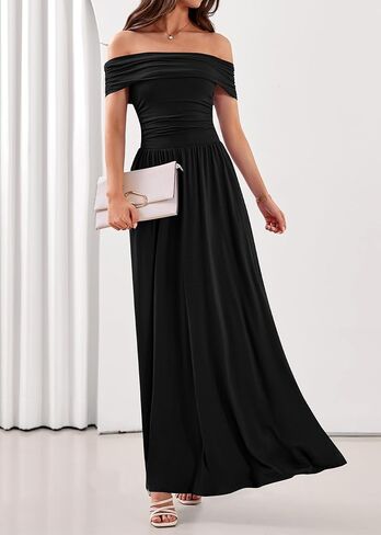 KIRUNDO Cocktail Dresses for Women 2026 Summer Off The Shoulder Ruched Pleated Long Flowy Formal Party Maxi Dresses Pockets in Saudi Arabia