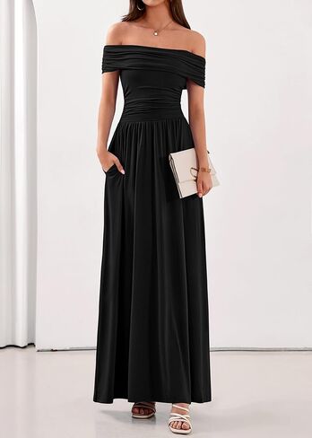 KIRUNDO Cocktail Dresses for Women 2026 Summer Off The Shoulder Ruched Pleated Long Flowy Formal Party Maxi Dresses Pockets in Saudi Arabia