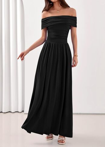 KIRUNDO Cocktail Dresses for Women 2026 Summer Off The Shoulder Ruched Pleated Long Flowy Formal Party Maxi Dresses Pockets in Saudi Arabia