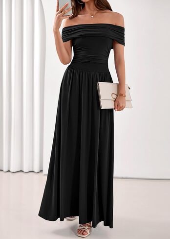 KIRUNDO Cocktail Dresses for Women 2026 Summer Off The Shoulder Ruched Pleated Long Flowy Formal Party Maxi Dresses Pockets in Saudi Arabia