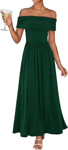 KIRUNDO Cocktail Dresses for Women 2026 Summer Off The Shoulder Ruched Pleated Long Flowy Formal Party Maxi Dresses Pockets in Saudi Arabia