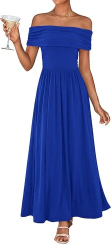 KIRUNDO Cocktail Dresses for Women 2026 Summer Off The Shoulder Ruched Pleated Long Flowy Formal Party Maxi Dresses Pockets in Saudi Arabia