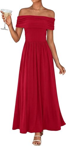 KIRUNDO Cocktail Dresses for Women 2026 Summer Off The Shoulder Ruched Pleated Long Flowy Formal Party Maxi Dresses Pockets in Saudi Arabia