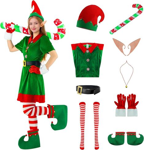 9 Pcs Women Christmas Elf Costume Set Costume Dress Xmas Elf Hat Bells Ears Shoes Xmas Fancy for Party in Saudi Arabia