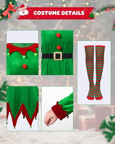 7Pcs Women Christmas Elf Costume Set - Santa Helper Velvet Dress Xmas Outfit with Elf Ears, Hat, Shoes, Belt, Socks in Kuwait