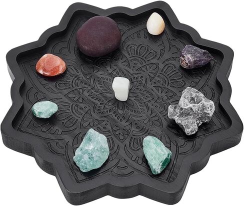 UNICRAFTALE Lotus Crystal Tray for Stones Mandala Stone Display Tray Crystals and Stones Flower Wooden Crystal Storage Holder Tray Black Fancy Decorative Jewelry Display Trays Organizer Bowl Decor in Saudi Arabia