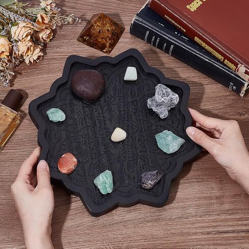 UNICRAFTALE Lotus Crystal Tray for Stones Mandala Stone Display Tray Crystals and Stones Flower Wooden Crystal Storage Holder Tray Black Fancy Decorative Jewelry Display Trays Organizer Bowl Decor in Saudi Arabia