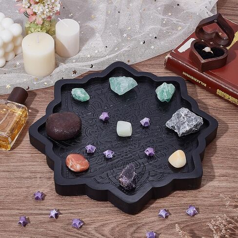 UNICRAFTALE Lotus Crystal Tray for Stones Mandala Stone Display Tray Crystals and Stones Flower Wooden Crystal Storage Holder Tray Black Fancy Decorative Jewelry Display Trays Organizer Bowl Decor in Saudi Arabia