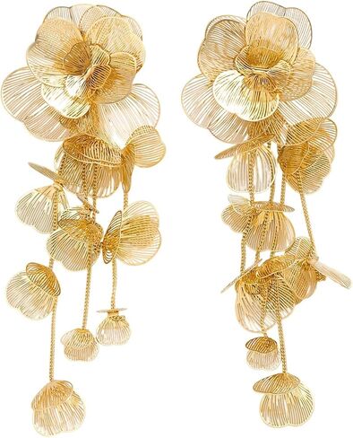 Gold Silver Filigree Floral Dangle Earrings for Women, Long Drop Statement Earrings for Vintage Wedding Jewelry in Saudi Arabia