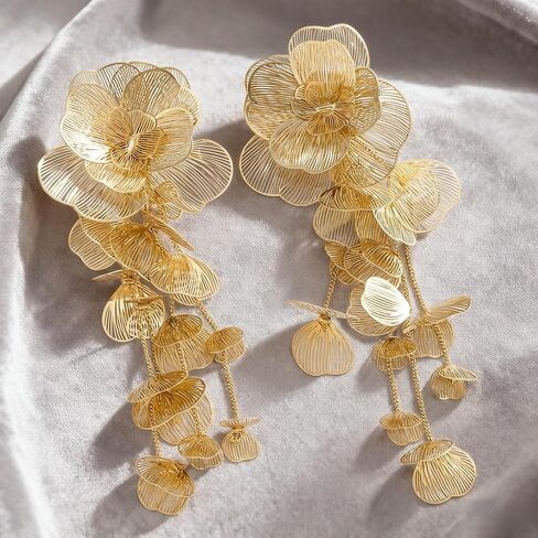 Gold Silver Filigree Floral Dangle Earrings for Women, Long Drop Statement Earrings for Vintage Wedding Jewelry in Saudi Arabia