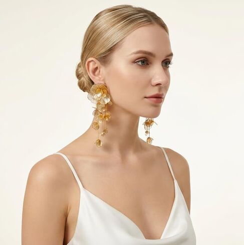 Gold Silver Filigree Floral Dangle Earrings for Women, Long Drop Statement Earrings for Vintage Wedding Jewelry in Saudi Arabia