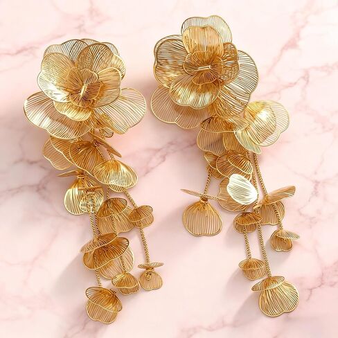 Gold Silver Filigree Floral Dangle Earrings for Women, Long Drop Statement Earrings for Vintage Wedding Jewelry in Saudi Arabia