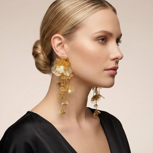 Gold Silver Filigree Floral Dangle Earrings for Women, Long Drop Statement Earrings for Vintage Wedding Jewelry in Saudi Arabia