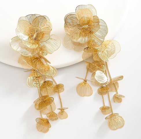Gold Silver Filigree Floral Dangle Earrings for Women, Long Drop Statement Earrings for Vintage Wedding Jewelry in Saudi Arabia