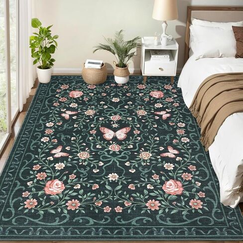 garveehome سجادة منطقة الأزهار قابلة للغسل 5 × 7 لغرفة المعيشة، سجادة غرفة النوم غير قابلة للانزلاق، سجادة ناعمة مقاومة للبقع، غرفة طعام كبيرة، سجادة منخفضة الكومة، سجادة على شكل فيونكة سوداء، سجادة زهرة الفراشة لدخول الحضانة، 5 × 7 in Kuwait