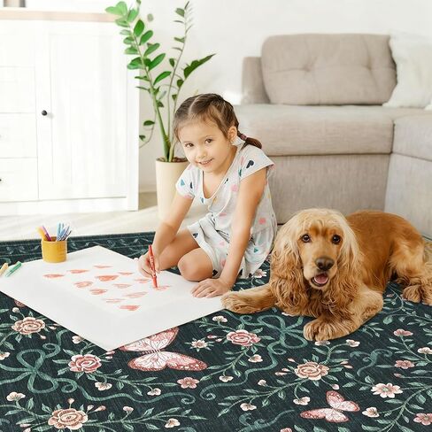 garveehome سجادة منطقة الأزهار قابلة للغسل 5 × 7 لغرفة المعيشة، سجادة غرفة النوم غير قابلة للانزلاق، سجادة ناعمة مقاومة للبقع، غرفة طعام كبيرة، سجادة منخفضة الكومة، سجادة على شكل فيونكة سوداء، سجادة زهرة الفراشة لدخول الحضانة، 5 × 7 in Kuwait