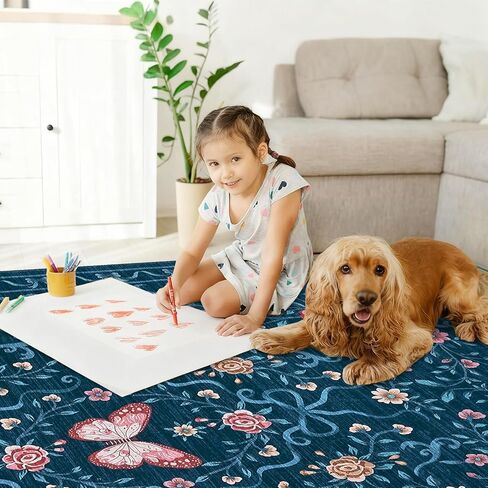 garveehome سجادة منطقة الأزهار قابلة للغسل 5 × 7 لغرفة المعيشة، سجادة غرفة النوم غير قابلة للانزلاق، سجادة ناعمة مقاومة للبقع، غرفة طعام كبيرة، سجادة منخفضة الكومة، سجادة على شكل فيونكة سوداء، سجادة زهرة الفراشة لدخول الحضانة، 5 × 7 in Kuwait