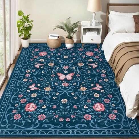 garveehome سجادة منطقة الأزهار قابلة للغسل 5 × 7 لغرفة المعيشة، سجادة غرفة النوم غير قابلة للانزلاق، سجادة ناعمة مقاومة للبقع، غرفة طعام كبيرة، سجادة منخفضة الكومة، سجادة على شكل فيونكة سوداء، سجادة زهرة الفراشة لدخول الحضانة، 5 × 7 in Kuwait