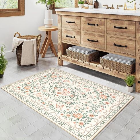 GarveeHome Washable Floral Area Rug 5x7 for Living Room Non Slip Bedroom Rug Soft Stain Resistant Large Dining Room Throw Carpet Low Pile Black Bow Rugs Butterfly Flower Carpet for Nursery Entry, 5x7 in Kuwait