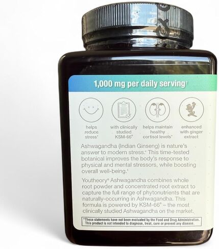 تركيبة أدابتوجين اليومية من أشواغاندا العضوية، 1000 مجم، 180 كبسولة نباتية، مكمل لدعم الإجهاد مع KSM-66، معزز بمستخلص الزنجبيل in Kuwait