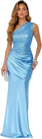 فستان حورية البحر للحفلات الراقصة ترتر سباركلي 2026 للنساء طويل من الساتان بكتف واحد غير متماثل بطيات ثوب مسائي رسمي in Kuwait