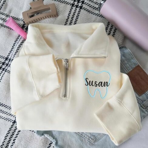 Chillever Personalized Dental Quarter Zip Sweatshirt, Custom Embroidered Pullover for Dental Hygienists, Assistants and Dentists, Ideal Office Wear or Gift for Her in Saudi Arabia