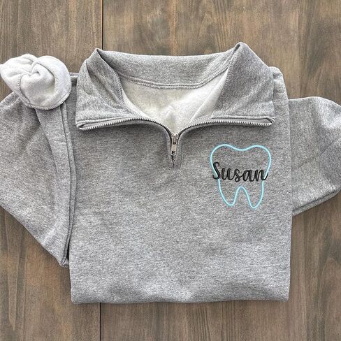 Chillever Personalized Dental Quarter Zip Sweatshirt, Custom Embroidered Pullover for Dental Hygienists, Assistants and Dentists, Ideal Office Wear or Gift for Her in Saudi Arabia