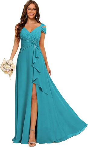 فساتين وصيفة العروس مكشكشة مكشوفة الكتف للنساء من CuteMe مع جيوب وفتحة من الشيفون فستان سهرة رسمي طويل CC023 in Kuwait