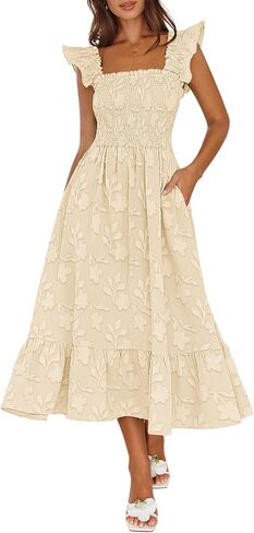 MEROKEETY Women's Summer Boho Floral Midi Dress 2026 Casual Sleeveless Square Neck Smocked Ruffle Flowy Beach Vacation Dress in Saudi Arabia