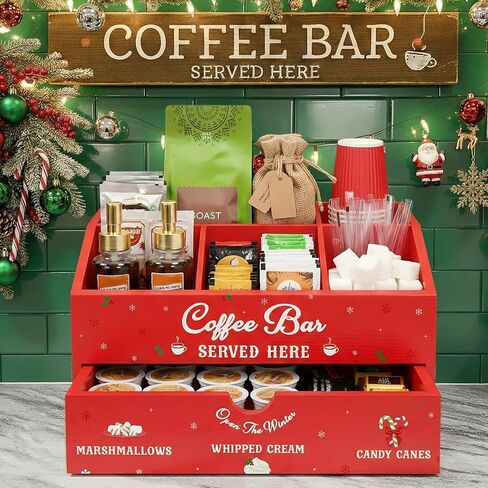 Chunful Red Hot Cocoa Bar Organizer Wood Coffee Station Storage Box Countertop Coffee Candy Holder Hot Chocolate Bar Basket Stand Table Basket Decor for Holiday Gift Kitchen Home Office in Saudi Arabia