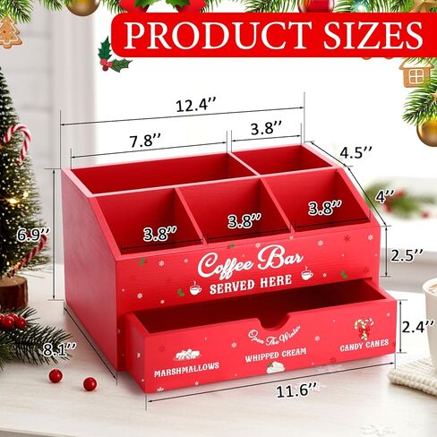 Chunful Red Hot Cocoa Bar Organizer Wood Coffee Station Storage Box Countertop Coffee Candy Holder Hot Chocolate Bar Basket Stand Table Basket Decor for Holiday Gift Kitchen Home Office in Saudi Arabia