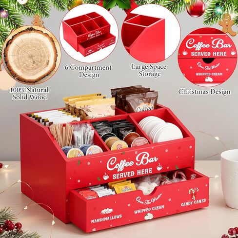 Chunful Red Hot Cocoa Bar Organizer Wood Coffee Station Storage Box Countertop Coffee Candy Holder Hot Chocolate Bar Basket Stand Table Basket Decor for Holiday Gift Kitchen Home Office in Saudi Arabia