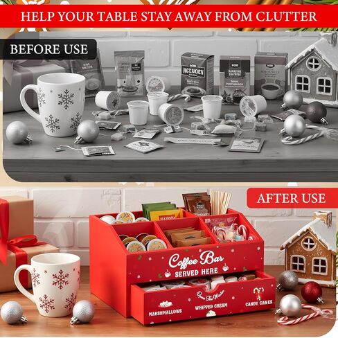 Chunful Red Hot Cocoa Bar Organizer Wood Coffee Station Storage Box Countertop Coffee Candy Holder Hot Chocolate Bar Basket Stand Table Basket Decor for Holiday Gift Kitchen Home Office in Saudi Arabia