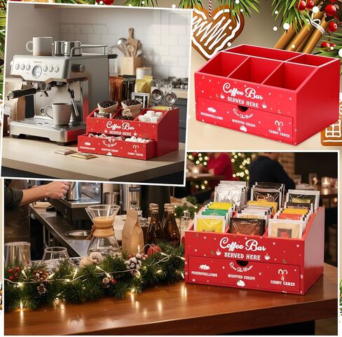 Chunful Red Hot Cocoa Bar Organizer Wood Coffee Station Storage Box Countertop Coffee Candy Holder Hot Chocolate Bar Basket Stand Table Basket Decor for Holiday Gift Kitchen Home Office in Saudi Arabia