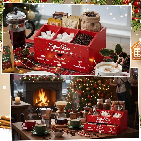 Chunful Red Hot Cocoa Bar Organizer Wood Coffee Station Storage Box Countertop Coffee Candy Holder Hot Chocolate Bar Basket Stand Table Basket Decor for Holiday Gift Kitchen Home Office in Saudi Arabia